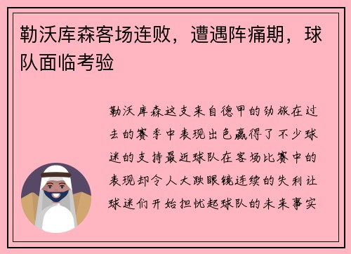 勒沃库森客场连败，遭遇阵痛期，球队面临考验