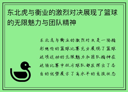 东北虎与衡业的激烈对决展现了篮球的无限魅力与团队精神